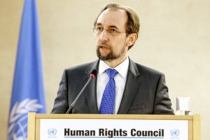 FILE - In this Feb. 27, 2017 file photo, U.N. High Commissioner for Human Rights, Jordan's Zeid Ra'ad al Hussein, delivers his statement  at the Human Rights Council,  in Geneva, Switzerland. The U.N. human rights chief says Wednesday, March 8, 2017  he is “dismayed” by U.S. President Donald Trump’s attempts to “intimidate or undermine” journalists and judges, and is concerned about the impact of Trump’s order banning U.S. entry to people of six mostly Muslim countries. (Salvatore Di Nolfi/Keystone via AP.file)